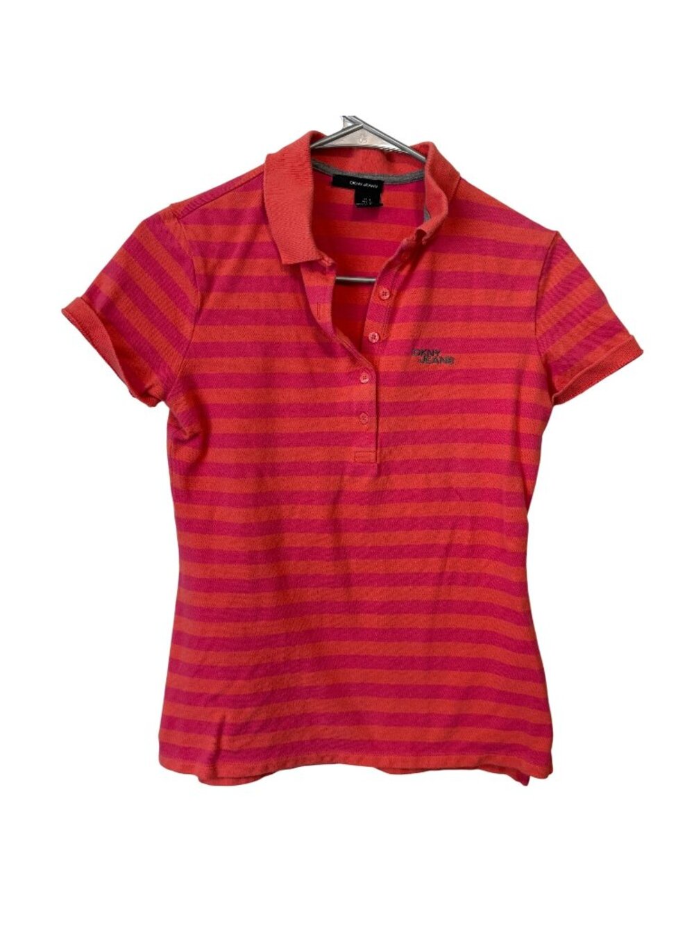 DKNY Jeans Women's Striped Polo Shirt Pink & Orange Size S